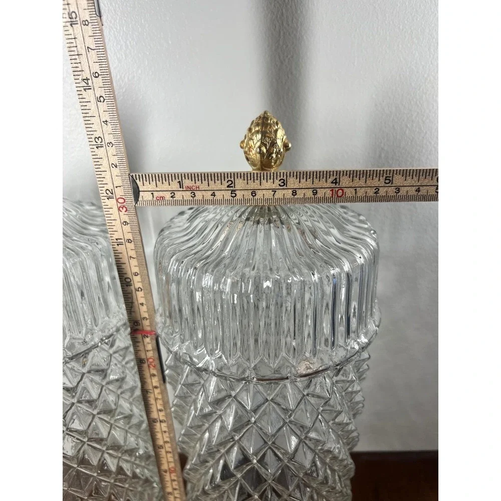 Vintage Lamp Shades Diamond Point Glass Mid Century Clear Gold Finial Pair 12